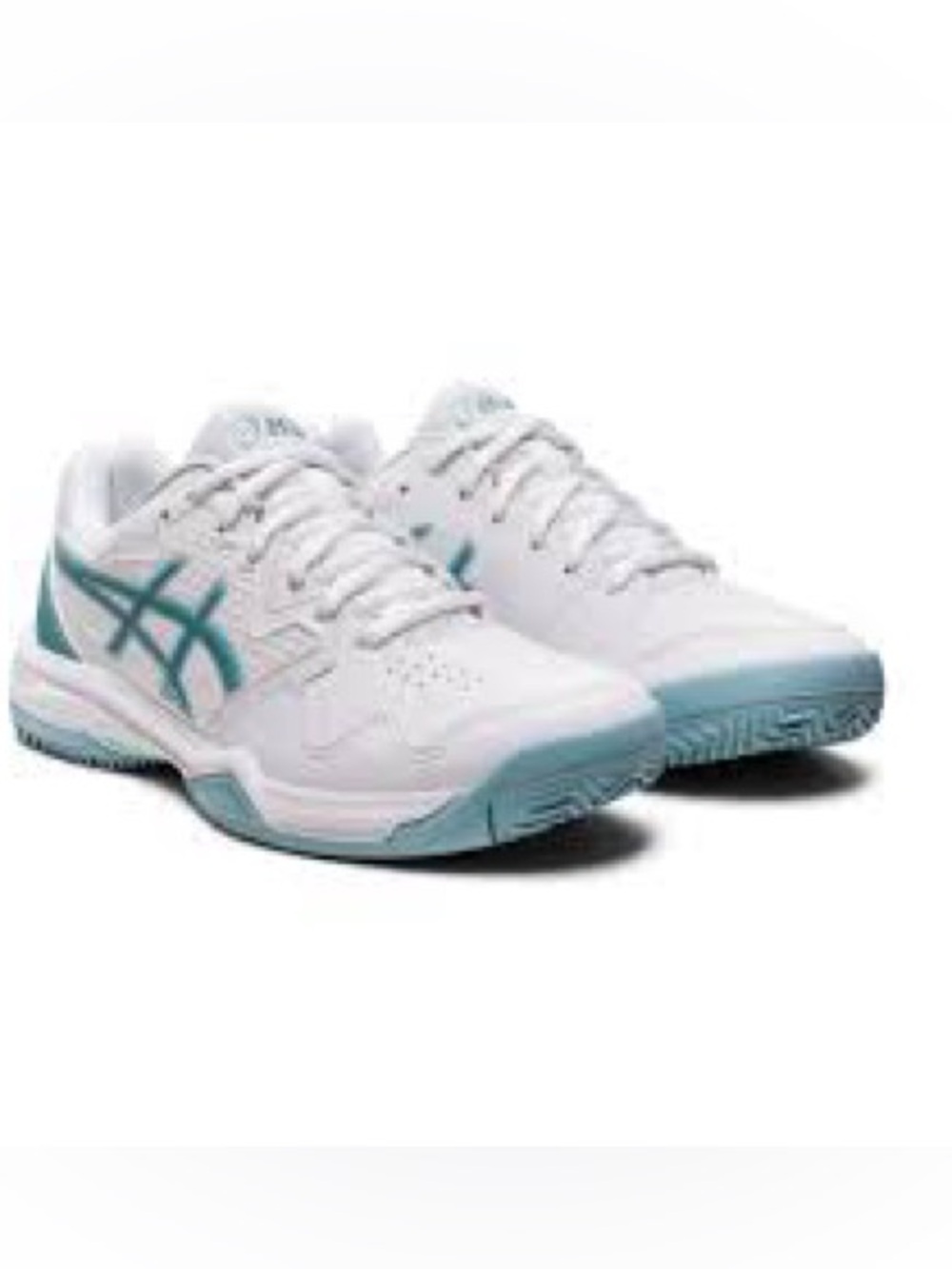 ASICS White Clay Court Tennis Sneakers with Teal Accents
